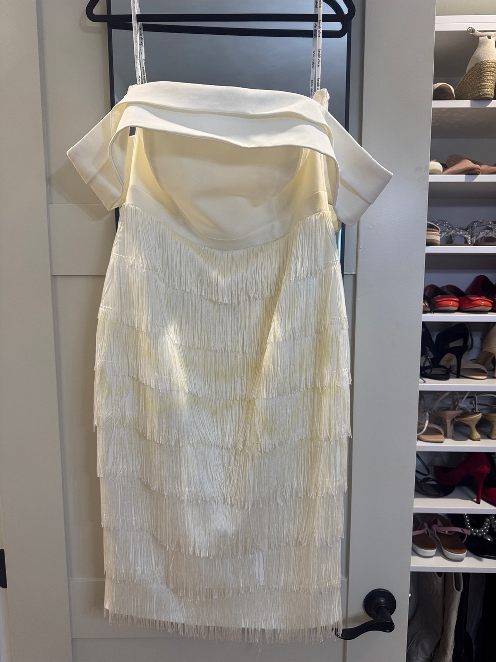 Lavish Alice Ivory Off-Shoulder Fringe Midi Dress